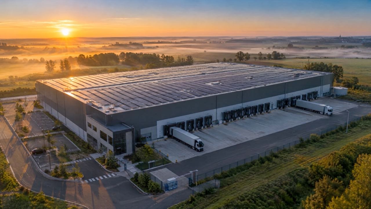 Entrepôt logistique équipé d'une centrale photovoltaïque, de l'aube au crépuscule