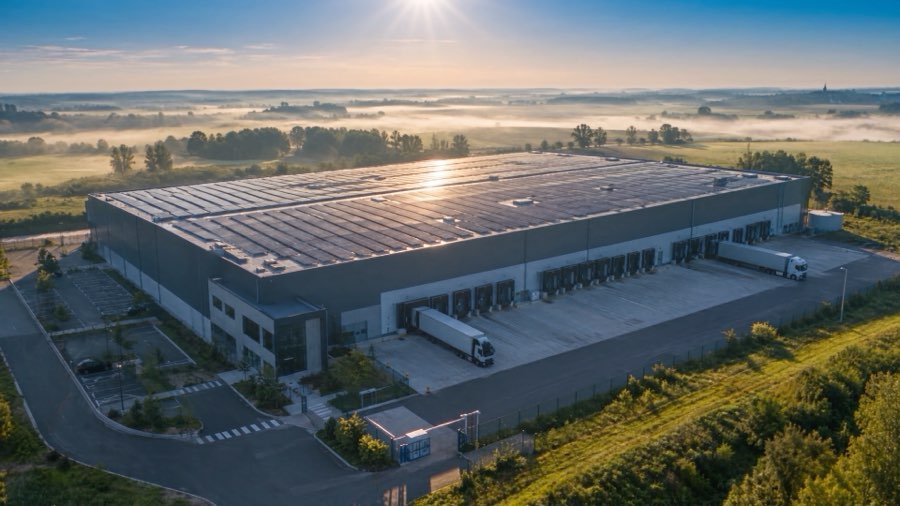 Entrepôt équipé d'une centrale photovoltaïque au lever du soleil