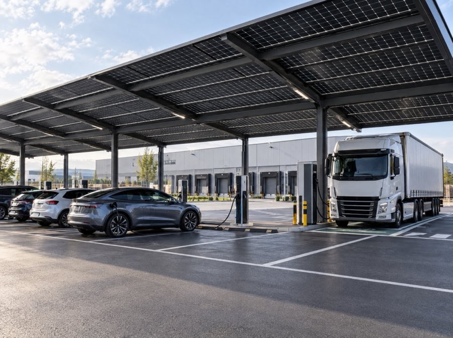 Ombrières photovoltaïques sur un parking logistique